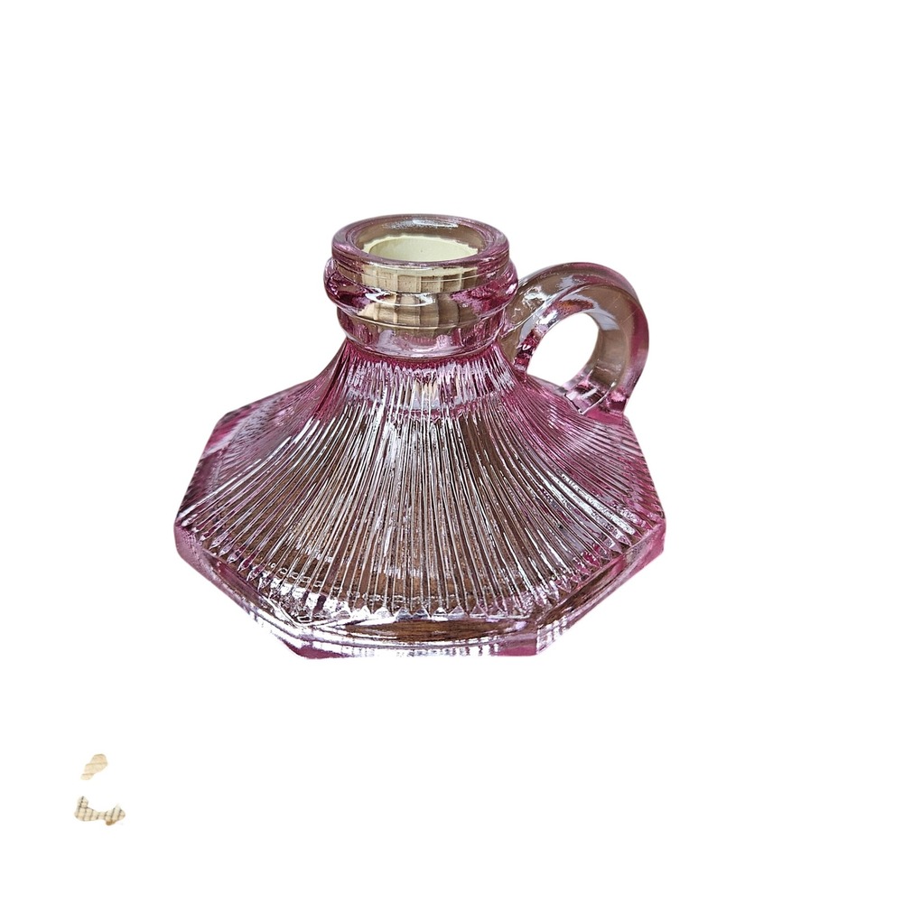 Pink Depression Glass Chamberstick Ribbed Hexagon Finger Loop Candle Holder Vtg‎